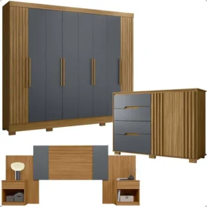 Guarda-roupa Casal 8 Portas, Cômoda E Cabeceira Com 2 Mesas