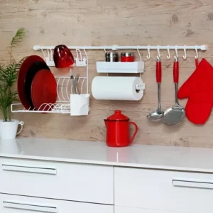 Kit Cozinha Suspensa Escorredor Louça Porta Rolo Potes Cor Branco