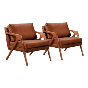Conjunto 2 Poltronas Mona Luxo Pés De Madeira Maciça Sala Caramelo Corino