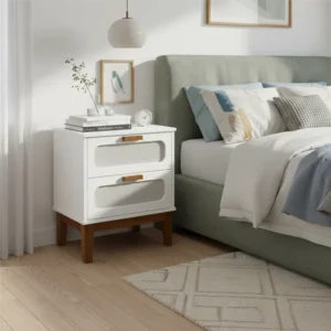 Mesa De Cabeceira Com Palhinha Nas Gavetas Pé De Madeira Fosco Branco