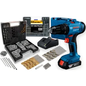 Parafusadeira E Furadeira De Impacto Bosch A Bateria 18v Maleta - Gsb 183-li Com Kit Brocas Buchas E Bits 300 Peças