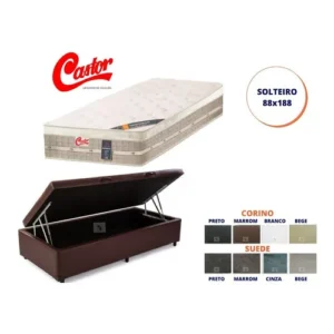 Cama Box Baú Solteiro + Colchão Castor Firme 88x188 Cor Corino Marrom