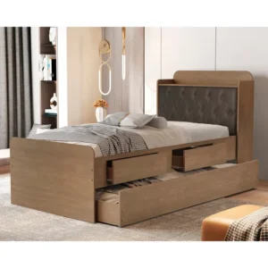 Cama Solteiro Tamires Capitone Duas Gavetas Bau E Auxiliar Cor Nature/nogal