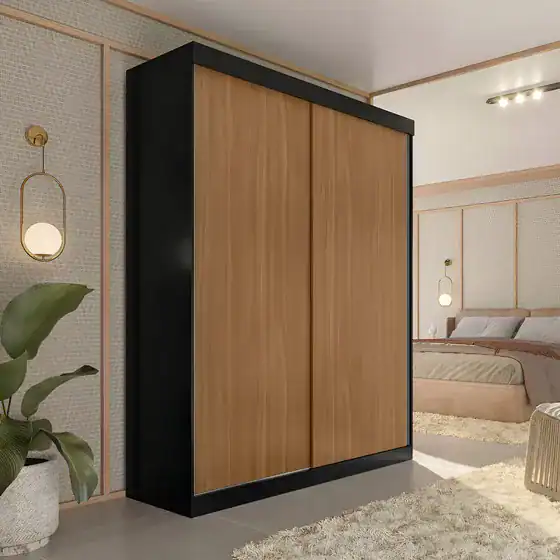 Guarda-roupa Solteiro Yescasa Preto 2 Portas Correr 2 Gavetas Adulto
