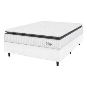 Cama Box Colchão Casal Molas Ensacadas City Pillow Top 138x188x61cm Linho Branco / Preto Hellen - Suporta até 110kg por Pessoa