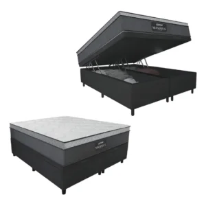 Cama box baú casal queen colchão Gazin Maximus molas ensacadas 158x198x65cm cinza preto suporta até 120kg por pessoa