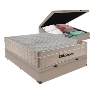 Cama box baú Ortobom Airtech Springpocket casal colchão bege