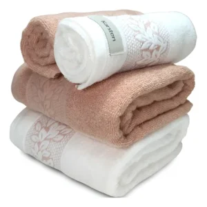 Jogo Banho Karsten Provence 100% Algodão Barra Jacquard 4 Cor Salmão / Branco Lisa