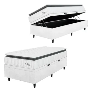 Cama Box Baú Colchão Solteiro Molas Ensacadas City Pillow Top 88x188x64cm Linho Branco e Preto Hellen