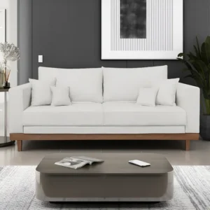 Sofá Living 2 Lugares Linho Bege Reforçado Base Madeira Com Almofadas