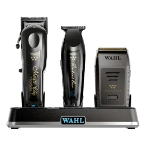 Kit Máquina de Cortar Cabelo Magic Clip Black + Barbeador Shaver Vanish + Base Carregadora tripla Power Station Wahl