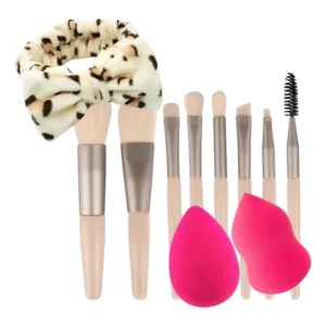 Kit 8 Pincéis Maquiagem + 2 Esponja E Faixa Make Bordô
