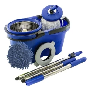 Esfregão Mop Perfect Balde Inox + 3 Refil + Cabo Longo Azul