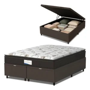 Cama Box Baú Colchão Casal Queen Probel Molas Ensacadas Granville Pillow Top 158x198x69cm Marrom e Branco