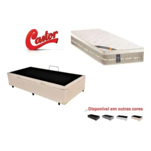 Cama Box Baú Solteiro + Colchão Castor Premium Tecnopedic 88 Cor Corino Bege
