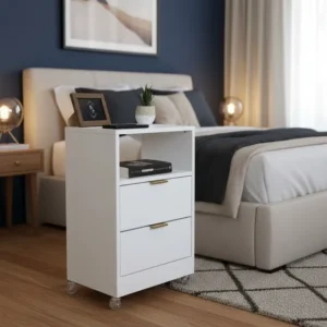 Mesa De Cabeceira Branca MDF 40cm 2 Gavetas 1 Nicho Com Rodinhas Acabamento Puxador Dourado Enviada Montada
