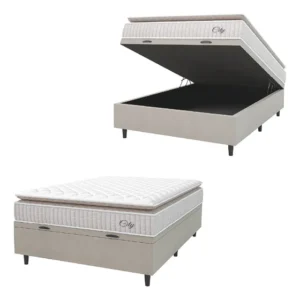 Cama Box Baú Colchão Casal Molas Ensacadas City Pillow Top 138x188x64cm Branco e Bege Hellen
