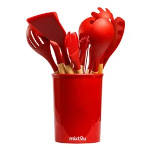 Kit 12 Utensílios De Cozinha Em Silicone E Cabo De Madeira Cor Vermelho