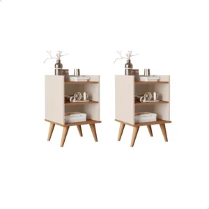 Kit Com 2 Mesa De Cabeceira Jade Pés Palitos Retrô Prateleira Nicho Para Quarto Decoração Cor Off White Com Freijó