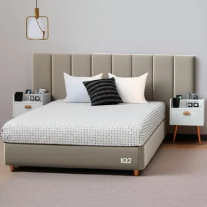Kit Mozão Quarto 2 Mesa Cabeceira Retrô Painel Cama Casal Box 1,40 - Bege Com Branco