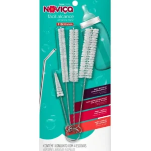Kit 4 Escovas Escovinha Noviça Fácil Alcance Limpeza Objetos Cinza