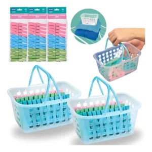 Kit 2 Cestas Com Alça + 108 Unidades De Prendedores De Roupa