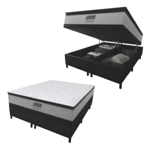Cama Box Baú Queen Colchão Molas Pocket Ensacadas Tower 158x198x75cm Branco e Preto Gazin