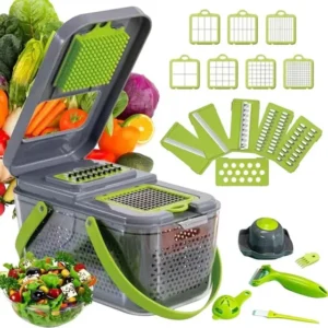 Cortador E Ralador Multifuncional Manual 16 Peças Cozinha Verde Com Cinza