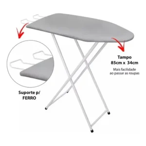 Mesa Tábua De Passar Roupa Reforçada Dobrável Branca Liso Metalizado Branco - Prata Metalizado