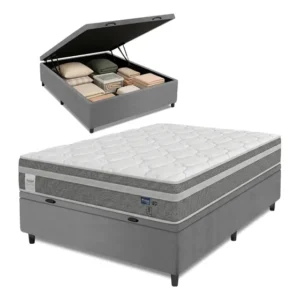 Cama Box Baú Colchão Casal Molas Ensacadas Euro In Up 138x188x67cm Cinza e Branco Probel