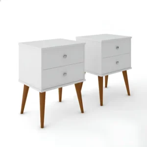 Conjunto 2 Mesas De Cabeceira Decore Retrô Branco Pés Em Madeira Com 2 Gavetas