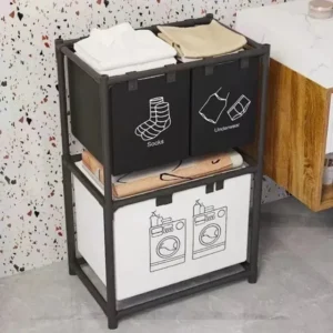Organizador De Roupas Para Lavanderia C/ 3 Cestos Divisório Preta E Branca