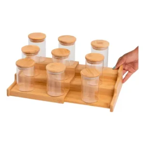Kit 9 Potes 200ml Tampa Bambu E Rack Organizador Bambu Oikos Marrom-claro
