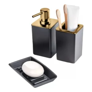 Kit Banheiro 3pçs Dispenser Porta Escovas Saboneteira Arthi Preto - Dourado