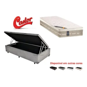 Cama Box Baú Solteiro + Colchão Castor Premium Tecnopedic 88 Cor Suede Cinza