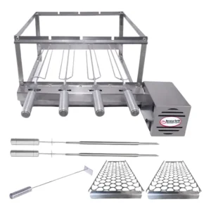 Kit Combo Elétrico Inox Gira 4 Espetos Giratório Brasa Grill Direito 127/220v