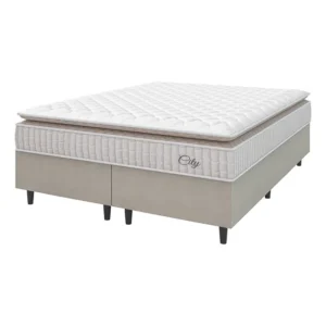 Cama Box Colchão Casal Queen Molas Ensacadas City Pillow Top 158x198x61cm Branco e Bege Hellen