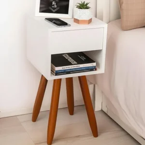 Mesa De Cabeceira Retro 30cm Branco Pé Palito Enviamos Montada - Acabamento Pés Castanho (claros) Fl Decor