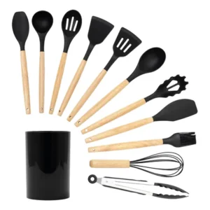 Kit 11 Utensílios De Cozinha Silicone Cabo De Madeira - Tud