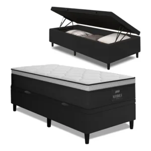 Cama Box baú solteiro colchão Gazin Maximus molas ensacadas 88x188x65cm cinza preto suporta até 120kg por pessoa