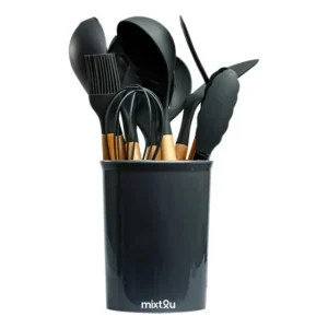 Kit 12 Utensílios De Cozinha Em Silicone E Cabo De Madeira Cinza Mixtou 093-0021