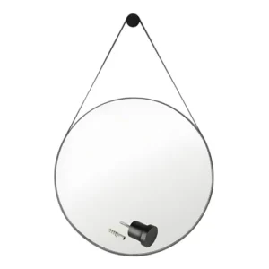 Espelho Redondo Decorativo 30cm Alça De Couro Costura Branca Moldura Preto