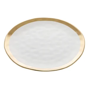 Prato De Porcelana Martelado Branco Borda Dourada 25cm Dubai