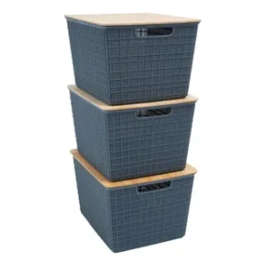 Kit 3 Caixas Organizadoras Tampa De Bambu 18l Cinza - Oikos Organizadora Liso