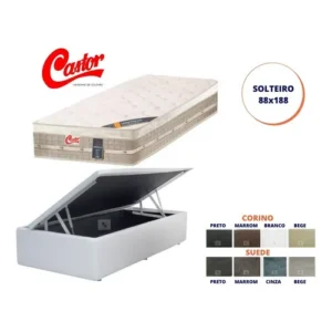 Cama Box Baú Solteiro + Colchão Castor Firme 88x188 Cor Corino Branco