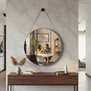Espelho De Banheiro Decorativo Redondo 60cm C/ Alça De Couro