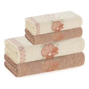 Jogo De Toalhas Karsten100% Algodão Floral Grossa 4 Cor Rosé Flor
