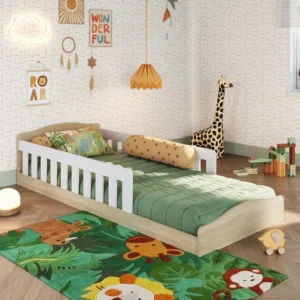 Cama Infantil de Chão Montessoriana de Solteiro Menino Menina com Grade Proteção Cor Carvalho Araguaia