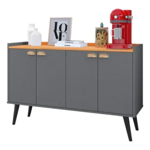 Aparador Buffet Moderno RPM Móveis Cinza 4 Portas para Sala e Cozinha