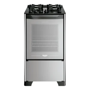 Fogão 4 Bocas Preto com Frente em Vidro Espelhado e Mesa de Vidro Dako Magister Style porta cega e Forno de 60L